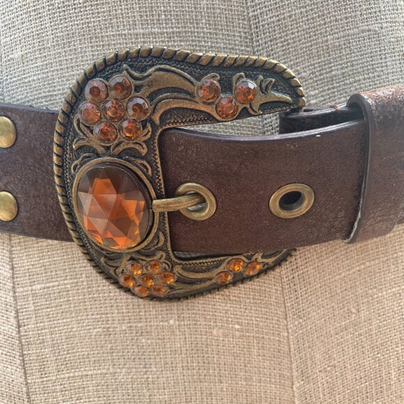 Vintage 90s Y2K Brown Leather Brass Rhinestone Stud Concho Boho Hip Belt - Picture 4 of 16